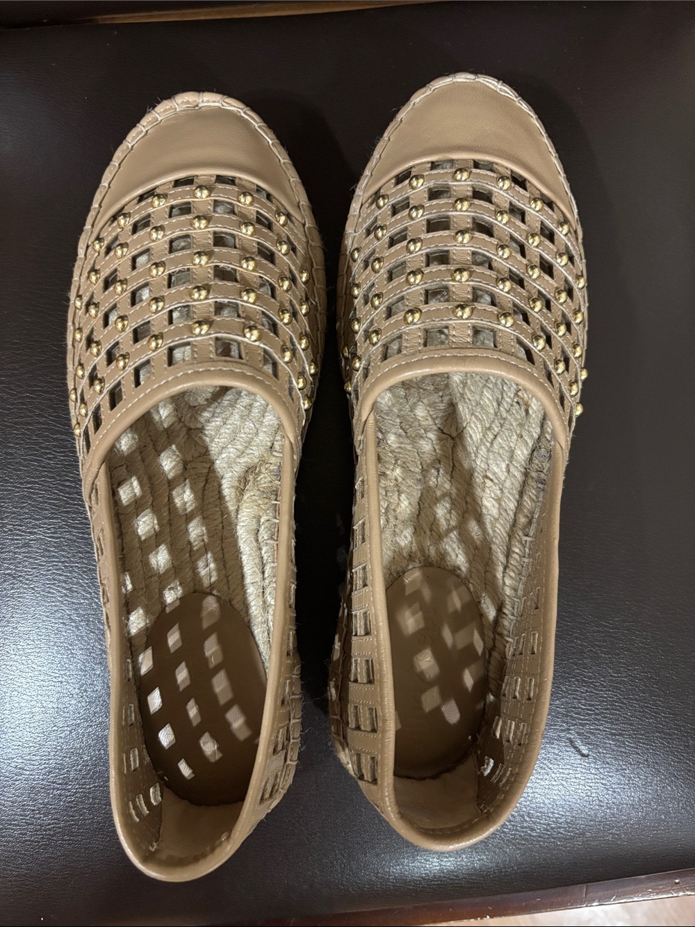 cinq a sept Tan Studded Woven Espadrille Flats
